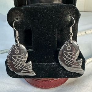Carved gunmetal gray fish earrings